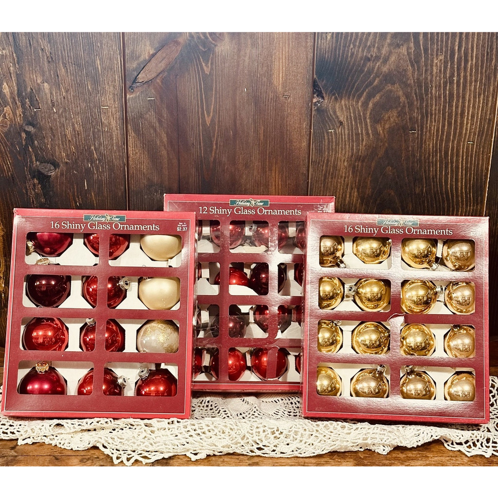 Vintage Holiday Time Shiny Glass Christmas Ornaments Red Gold Glitter Set Of 44